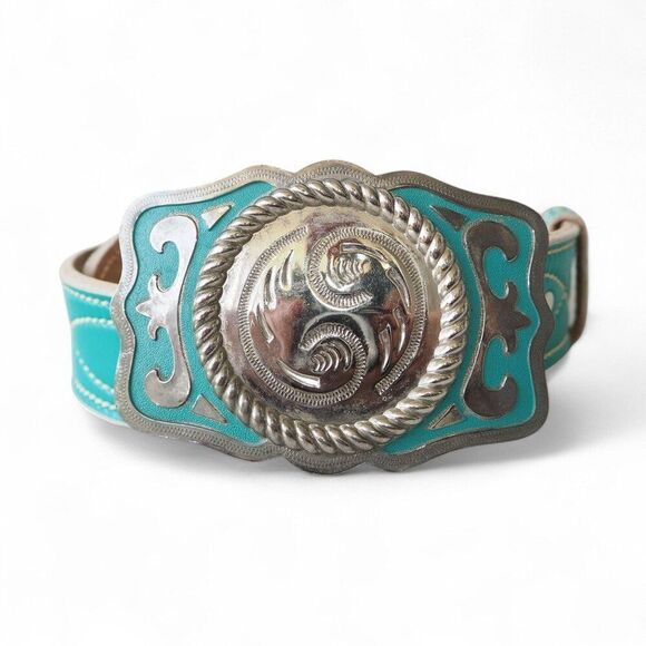 Hereford Accessories - Unbranded Vintage Steel Belt Buckle with Hereford Leather Turquoise Belt 28